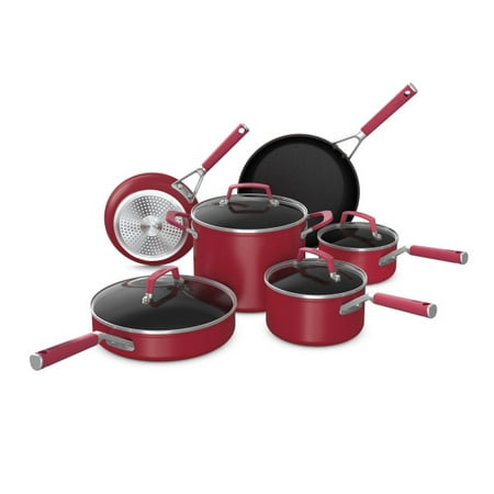 Ninja Foodi NeverStick Vivid Oven Safe All Range 10 Piece Pots and Pans Cookware Set with Cool Touch Silicone Handles, Crimson