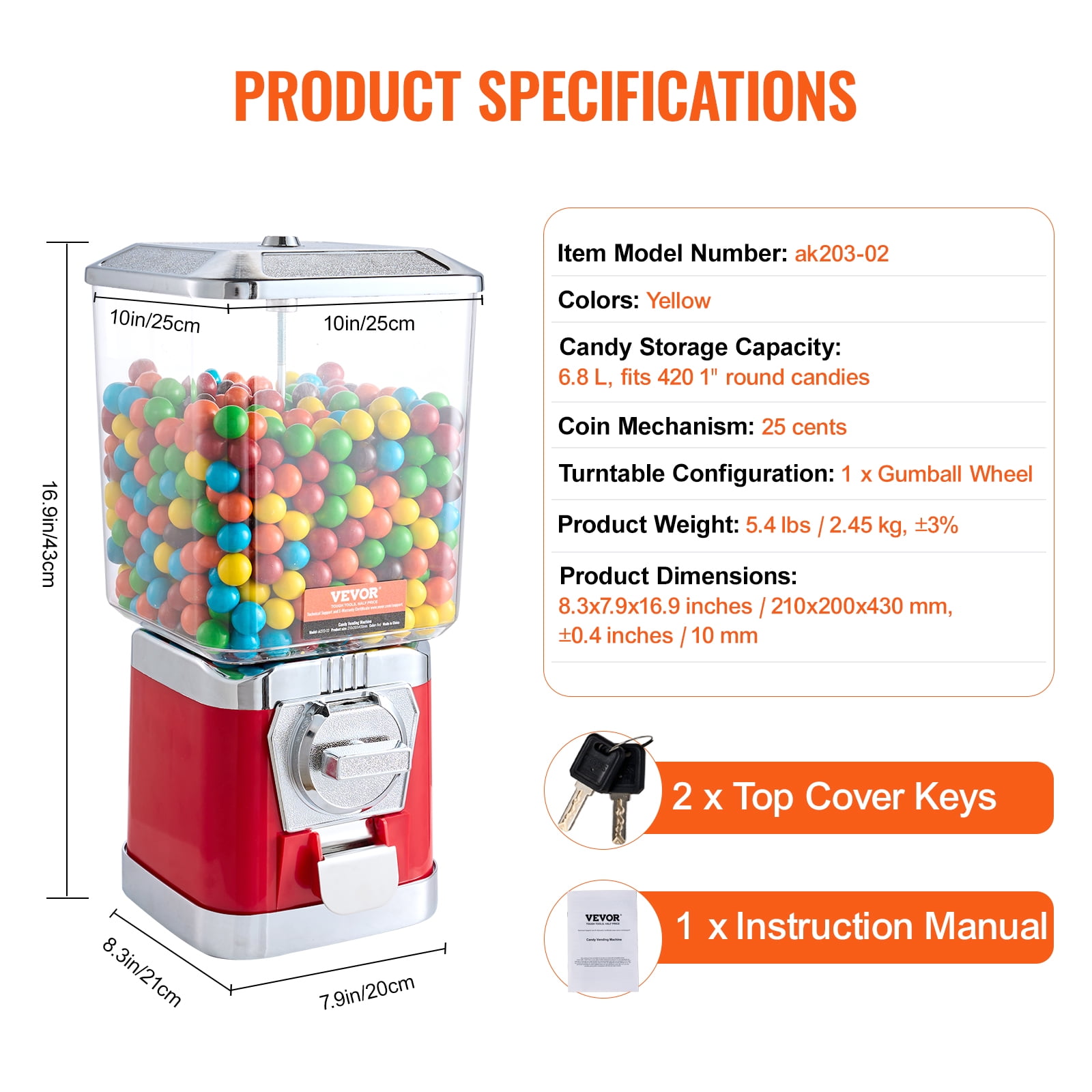 VEVOR Gumball Machine for Kids, 17"H Home Candy Vending Machine, PC Gumball Dispenser, Bubble Gum Machine for Game Stores, Coin Operated Gumball Bank