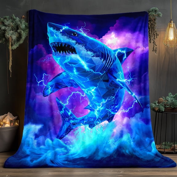 1pc Shark with Lightning HD Printed Blanket. Soft and Warm Flannel Blankets for Travel Camping Sofa Livingroom Couch Chair Bed. Gift for Family or Friends