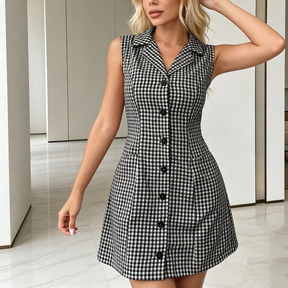 ClodeEU Women's Plaid Notch Collar Sleeveless Mini Dress with Buttons, Casual Sundress with Back Tie Waist Black,Women's Plus L