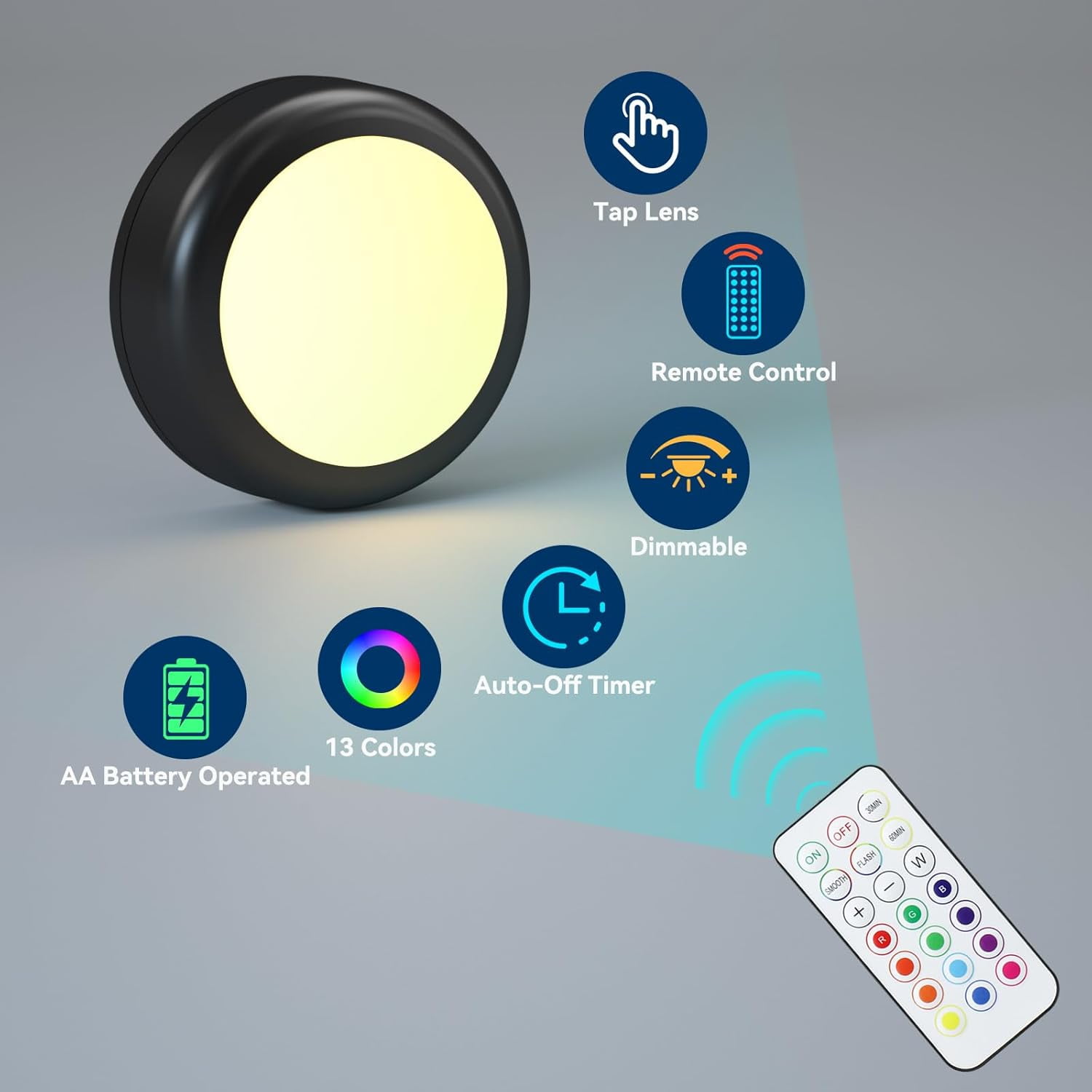 JJEAN-LED Puck Lights with Remote, 13-Color Under Cabinet Lighting Wireless, Battery Operated Stick-On Lights, Dimmable Push Light for Closet/Shelf/Wall (Black-3 Pack)