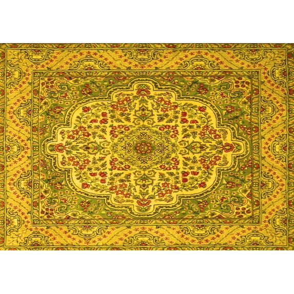 Ahgly Company Machine Washable Indoor Rectangle Medallion Yellow Traditional Area Rugs, 4' x 6'