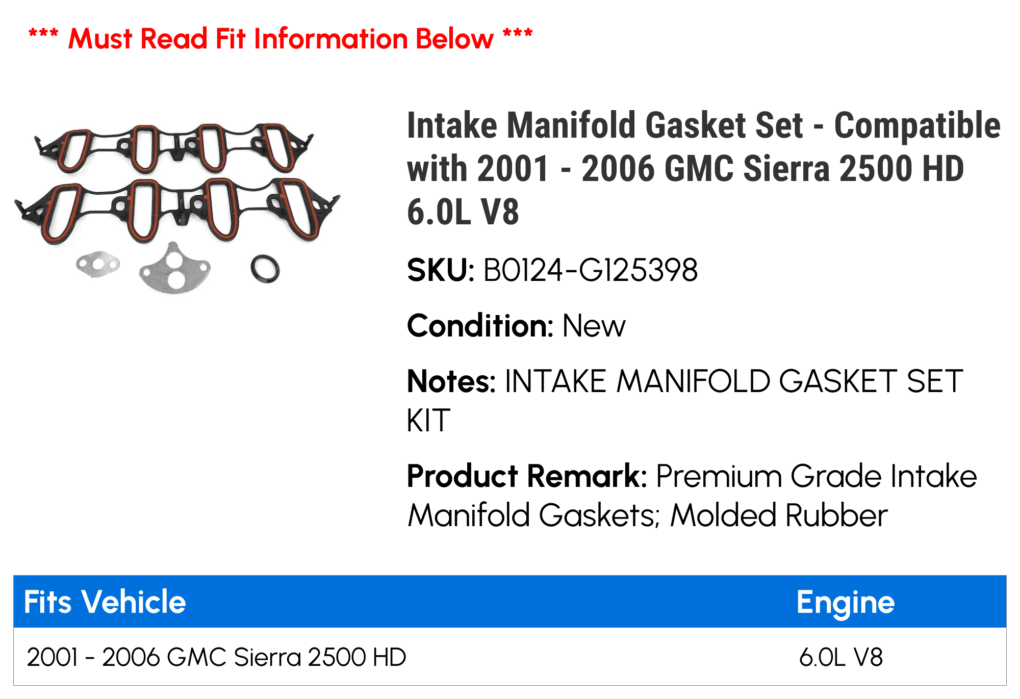 Intake Manifold Gasket Set - Compatible with 2001 - 2006 GMC Sierra 2500 HD 6.0L V8 - Replacement