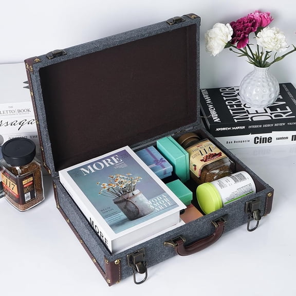 Wooden Decorative Storage Box with Handle, Vintage Wood Suitcase Treasure Chest Trunk Keepsake Case (Small)
