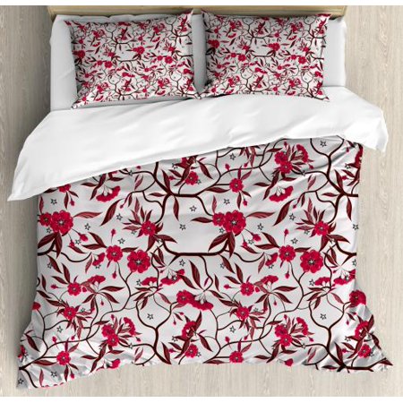 Red And Brown Duvet Cover Set Floral Blooming Branches With Fresh