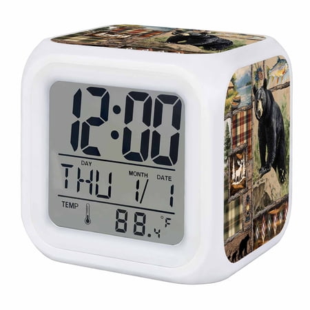 Vintage Black Bears Digital Alarm Clock for Bedrooms,Smart LED Alarm Clock with 7 Color Changing Night Light,Abstract Country Plaid Fish Retro Silent Wake Up Clocks for Sleep Study Cooking 3.2x3.2