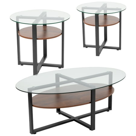 - Princeton Collection Flash Furniture 3 Piece Coffee and End Table Set with Glass Tops and Rustic Oak Wood Shelves