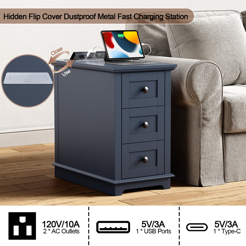 PLAMLE End Table with 3 Drawers for Living Room,Nightstand Sofa Side Table with Charging Station,End Table.