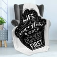thumbnail image 4 of Eat Dessert First Soft Flannel Fleece Blanket, Life is Uncertain Happy Food Themed Typography on Abstract Cake, Cozy Plush for Indoor and Outdoor Use, 70" x 90", Charcoal Grey White, by Ambesonne, 4 of 5