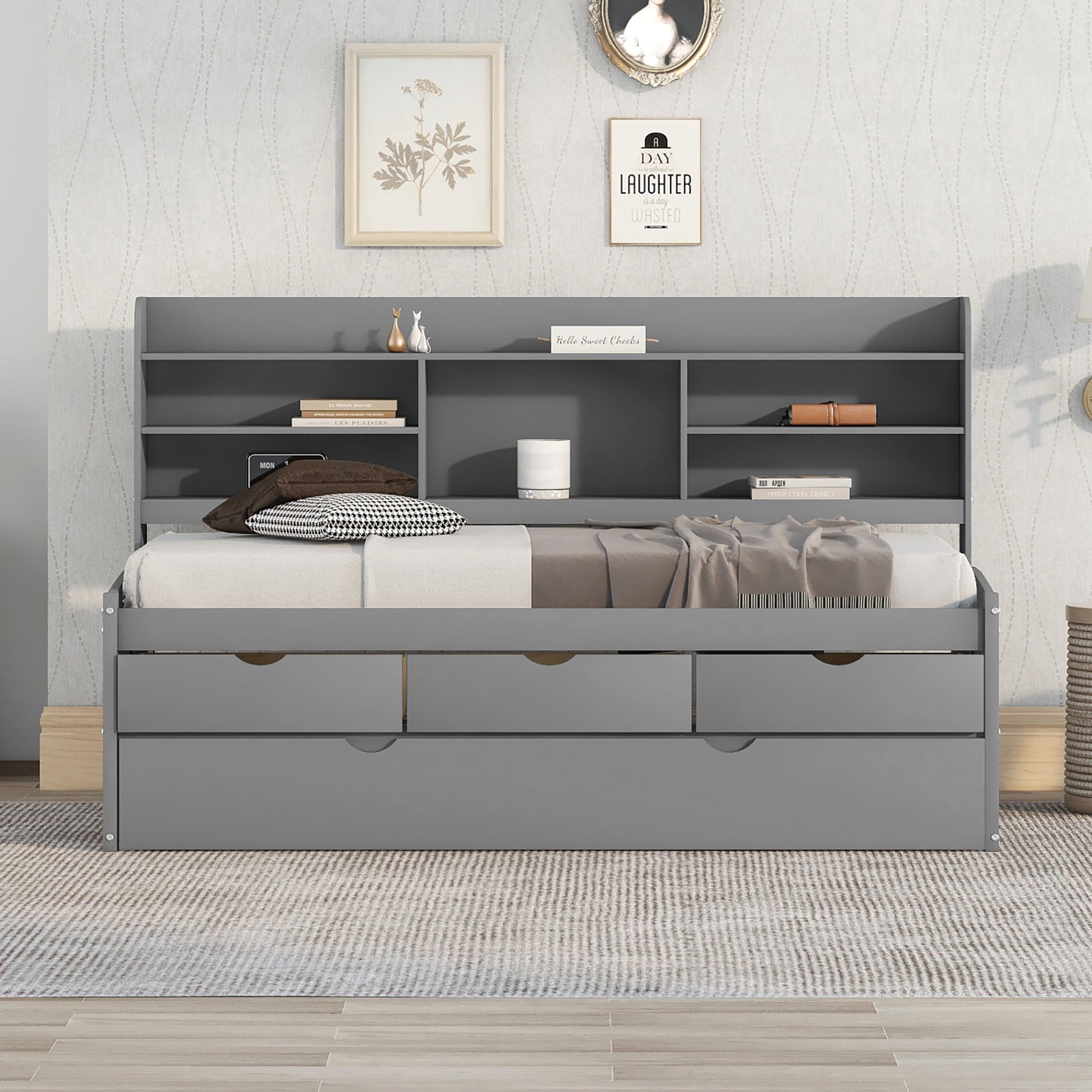 Noble House Savoy Twin Size Wooden Captain Bed with Bookcase Headboard and Trundle, Storage Drawers, Gray