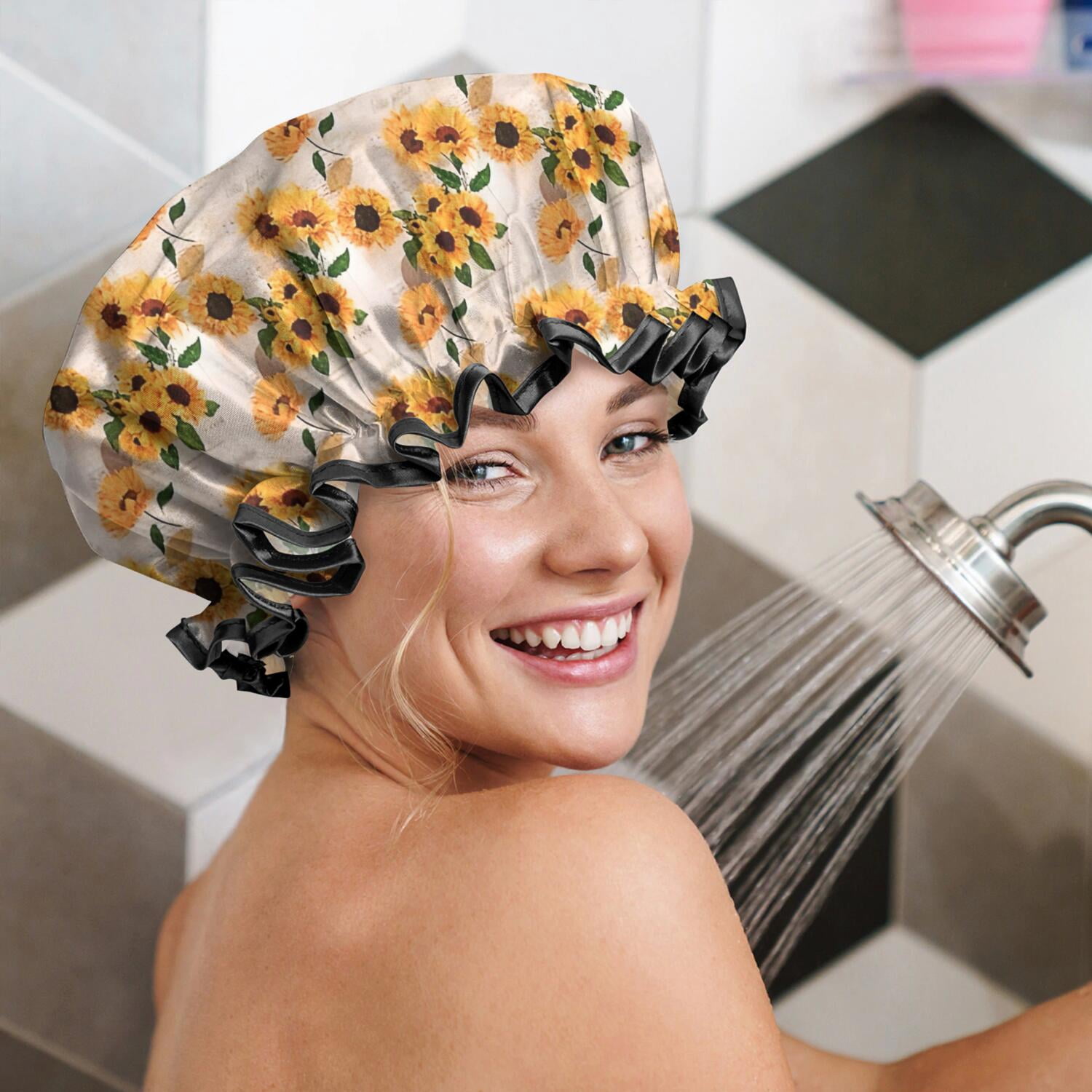 Shower Caps,Beige Sunflower Pattern Waterproof Shower Cap for Women 4 Pieces,Double Reusable Hair Cover for Shower PEVA Elastic Stretch Hem