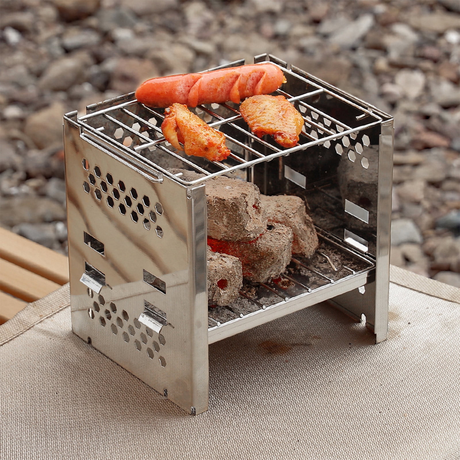 Yooshoverk Wood Burning Camping Stove, Portable Folding Stainless Steel Stove, 7.48 x 7.28 x 5.91 Inches, Multi-Function Cooking Stove with Carry Bag for Hiking, Backpacking & BBQ