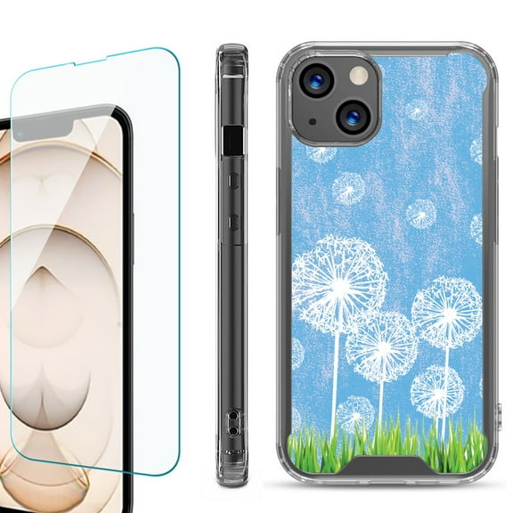 Shockproof Bumper Phone Case for iPhone 13, with Tempered Glass Screen Protector, by OneToughShield ® - Dandelion Sky