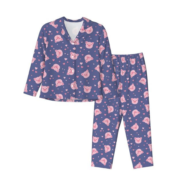 Fotbe Cute Pig Conjunto de Pijama de Manga Larga para Mujer con Estampado, Ropa de Dormir de 2 Piezas, Conjunto de Casa Suave y Cómodo con Bolsillos-Medium