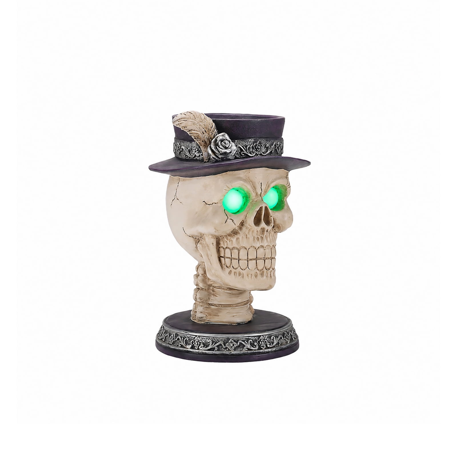 Gothic Skull Head Statue with LED Glowing Green Eyes Victorian Top Hat Resin Candle Holder Halloween Decor