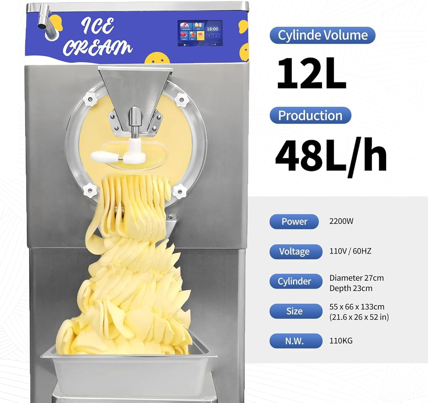 Commercial Hard Ice Cream Machine with faucet, 60L/H Gelato Hard Serve Ice Cream Maker with Digital Control Panel, Frozen Fruit Yogurt Batch Freezer for Restaurant Snack Bar Cafe, 2200W