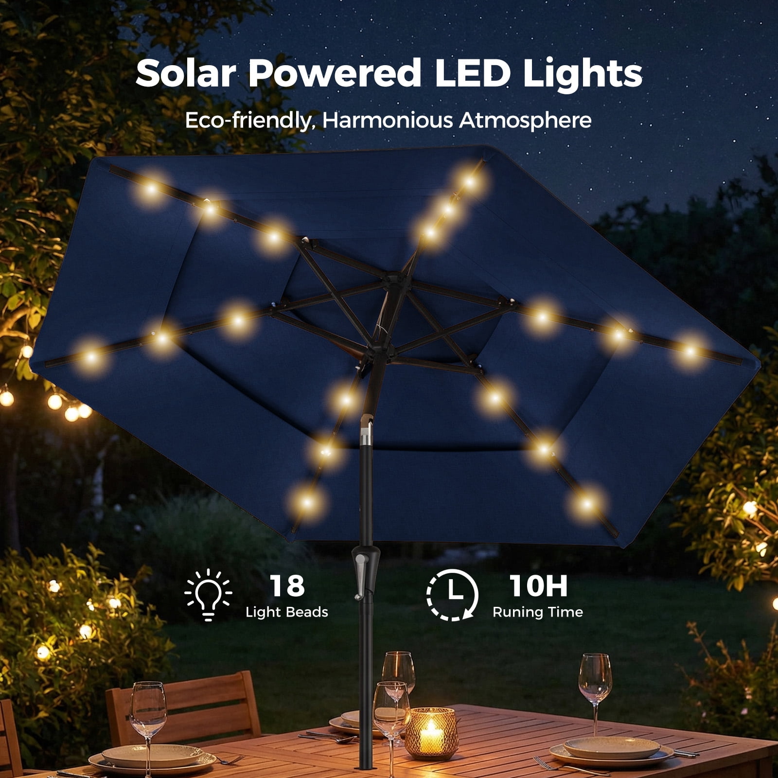 Patbrela 9ft 3-Tier Solar Patio Umbrella with LED Lights, Tilt Adjustment Outdoor Umbrella, Market Sun Shade for Beach, Backyard, Deck, Poolside, Navy