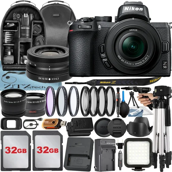 Nikon Z50 Mirrorless Camera with NIKKOR Z DX 16-50mm VR Lens + 2 Pack 32GB Card + Case + Tripod + ZeeTech Accessory Bundle