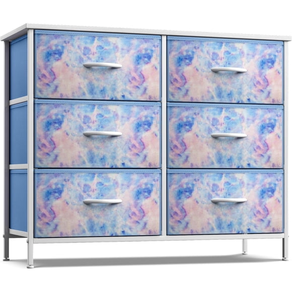 Songqin Dresser with 6 Drawers Fabric Storage Tower Organizer – Steel Frame, Wood Top, Easy Pull Bins for Bedroom, Closet, Hallway, Office-Blue Tie Dye