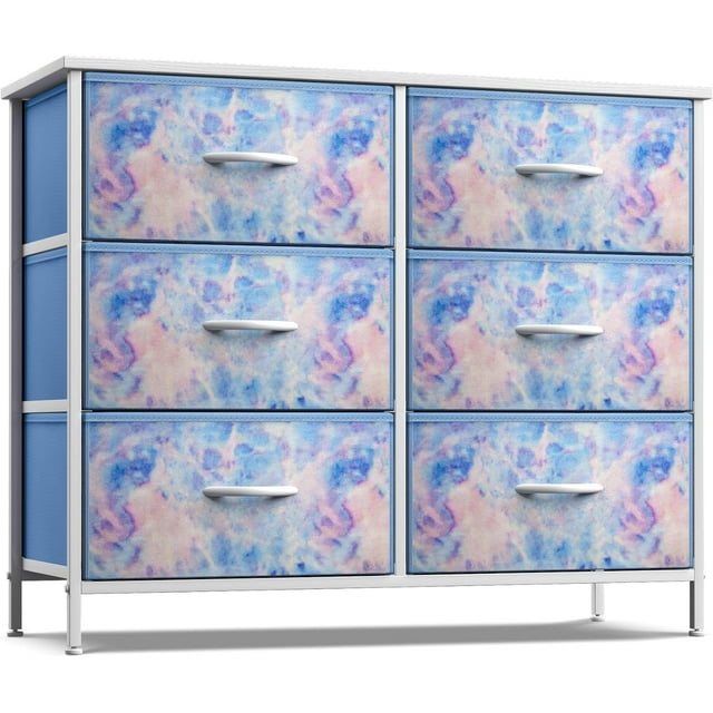 Songqin Dresser with 6 Drawers Fabric Storage Tower Organizer – Steel Frame, Wood Top, Easy Pull Bins for Bedroom, Closet, Hallway, Office-Blue Tie Dye