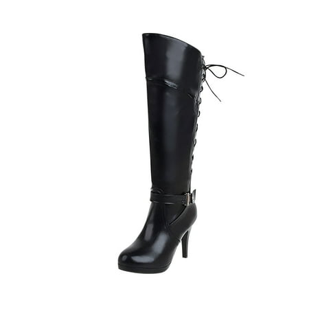 

Boots for Women Winter Belt Buckle Side Zipper Warm Waterproof Platform Super High Heel Strap High Boots