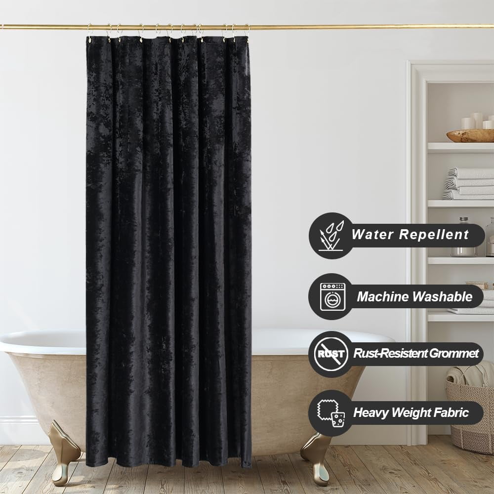 Black Shower Curtain for Bathroom, Luxury Crushed Velvet Shower Curtain Black, Dark Shower Curtain Set with Gold Decro Metal Hooks, Machine Washable Thick Fabric, 72 x 72 inches