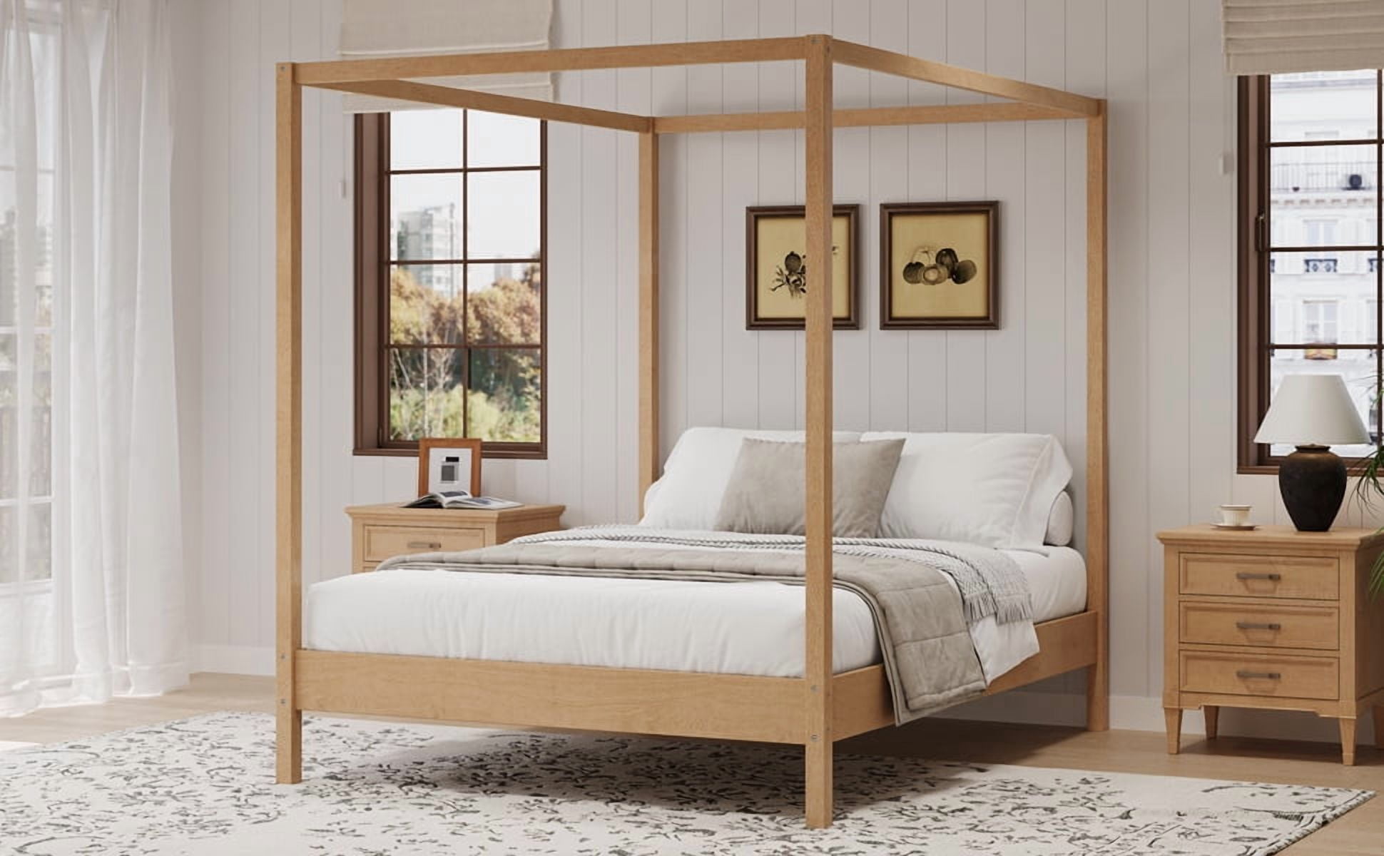 Euroco Queen Size Canopy Bed, Wood Platform Bed with Four Poster, Natural