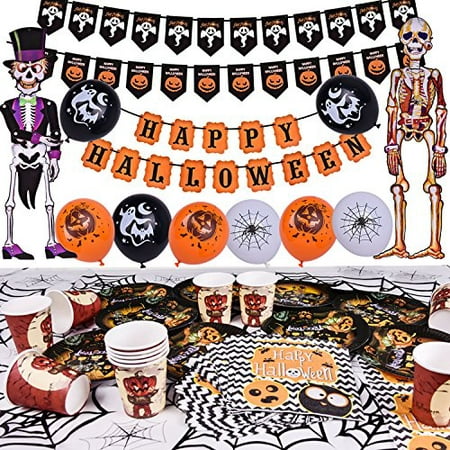 Halloween Party Supplies Cute Fun Party Favors Decoration All-in-One Pack for Kids Theme Party Include Paper Plate, Cup, Balloon, Table Cloth, Banners and Hanging Skeleton Props 88 PCs