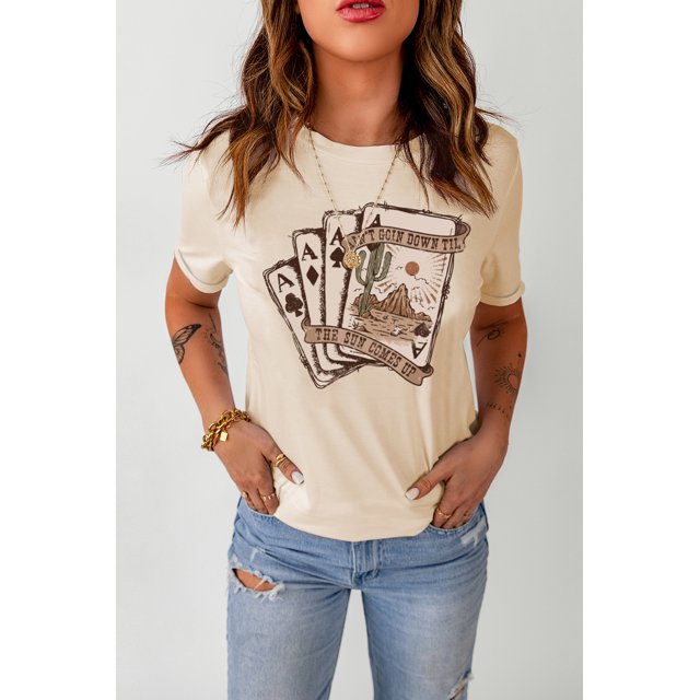 ABPHQTO Camiseta de manga corta con estampado gráfico de cartas de póquer occidental caqui para mujer