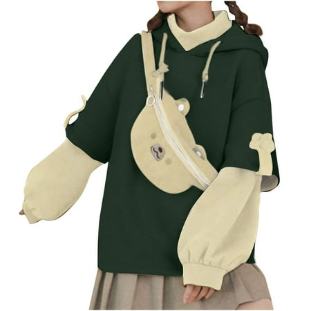 IROINNID Women s Long Sleeve Sweatshirt Mid-Length Color Block Leisure Autumn Winter Sweatshirt with Personality Messenger Bag 2PC  Green