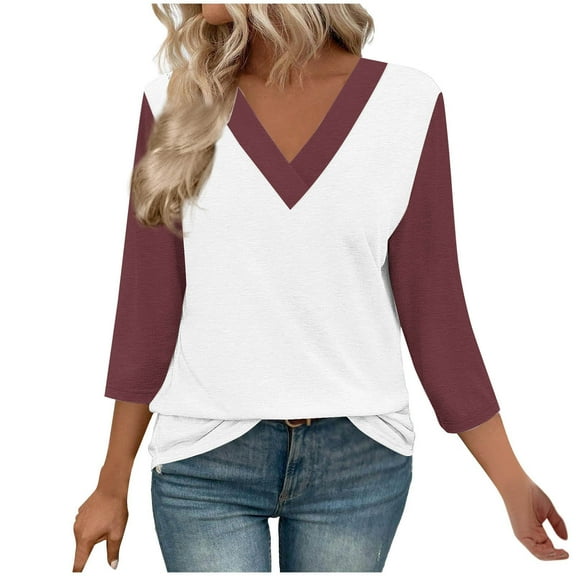 Plebaso 3/4 Length Sleeve Tops for Women Summer V Neck Color Block Casual Dressy Blouses Fall Tunic Shirts