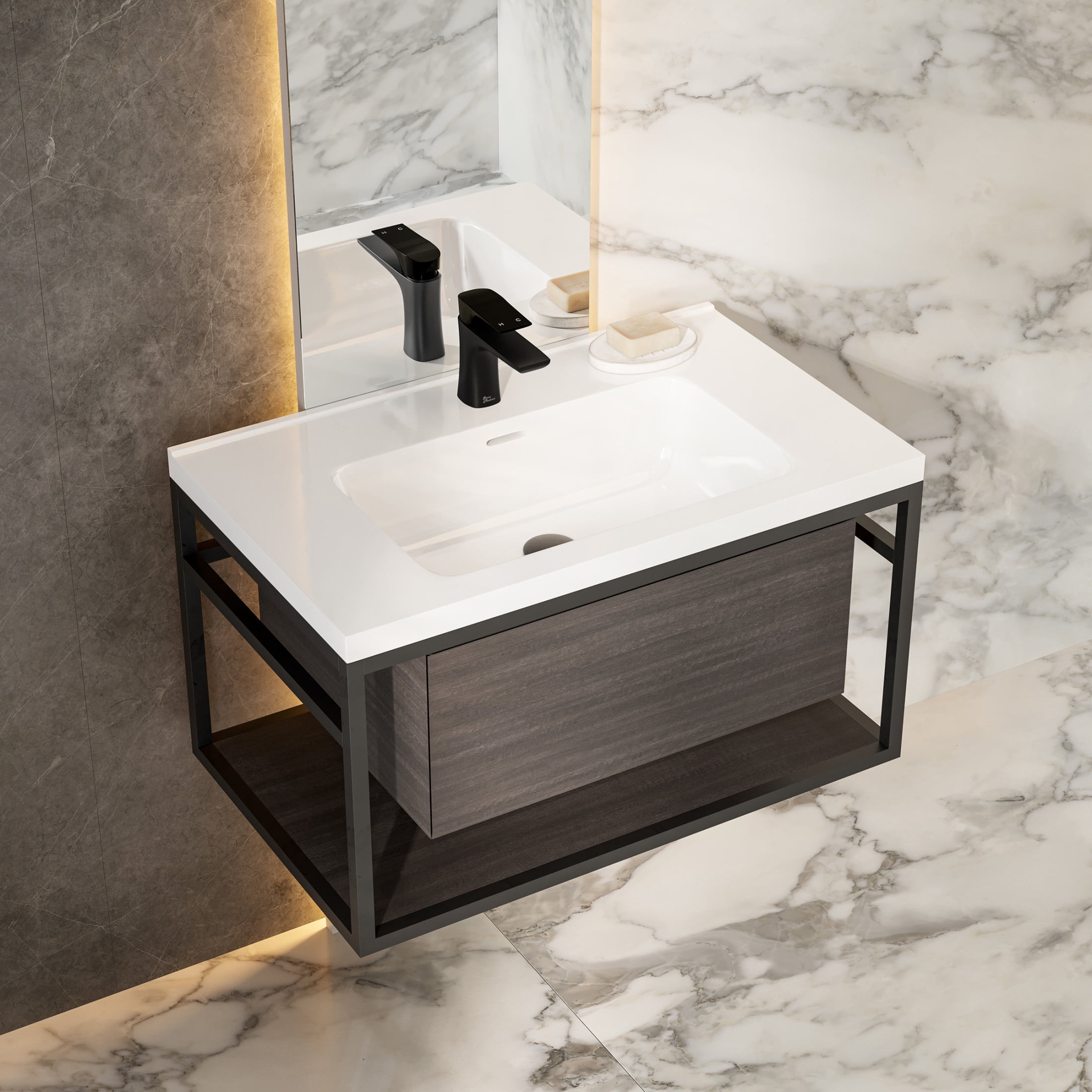 Claire 30" Wall-Mounted Bathroom Vanity in Black Oak with Sink Top