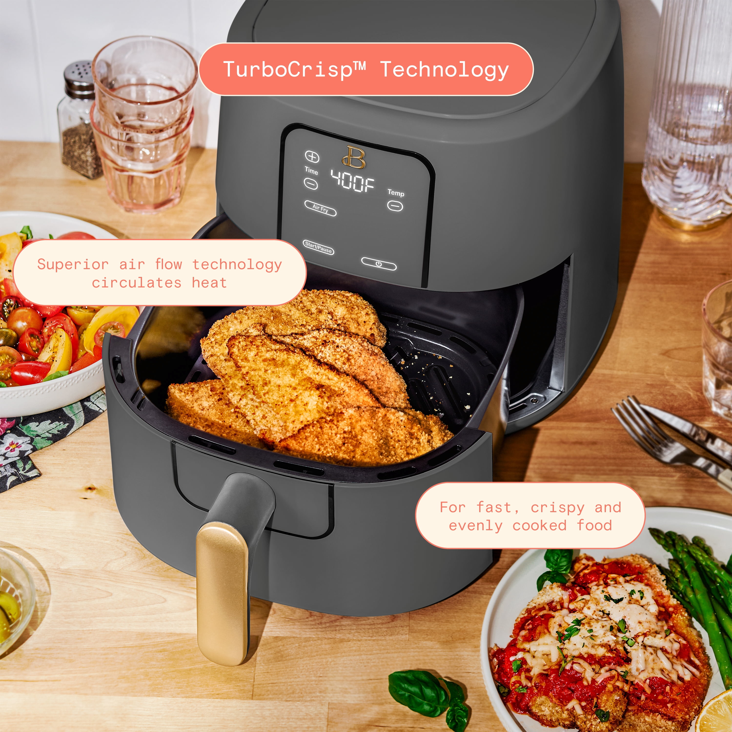 Beautiful 6 Qt Air Fryer with TurboCrisp Technology, EverGood Ceramic Nonstick Coating, Oyster Grey by Drew Barrymore