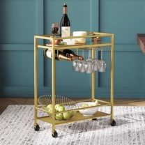 Gold Bar Cart, Beverage Cart with Wheels, Bar Cart for The Home, 2-Tier Drink Cart with Wine Rack and Glass Holder, Kitchen, Dining Room, Gold