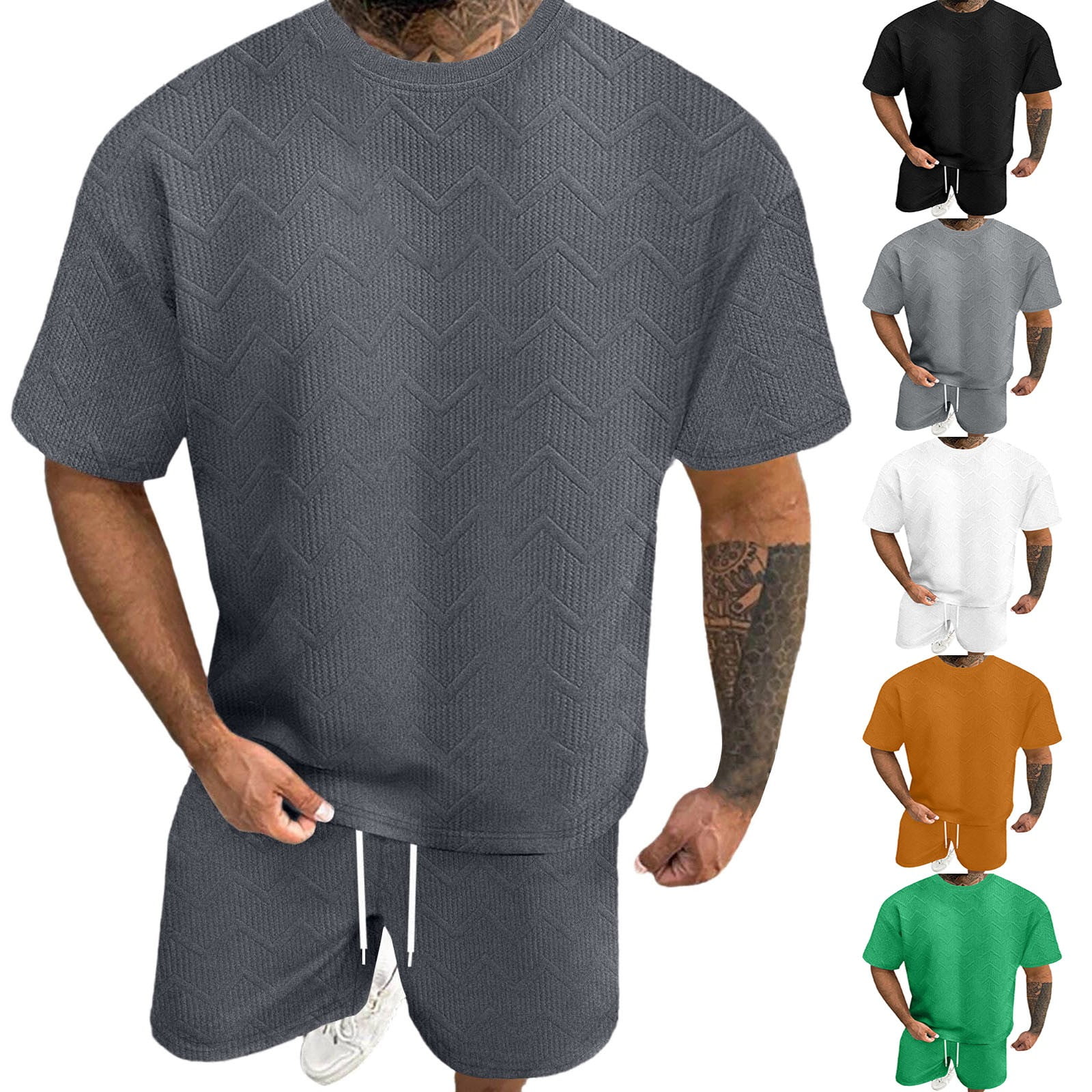 Set With Breathable Fabric Fashion Casual Men s Solid Color T-Shirt Short Sleeve And Drawstring Elastic Waist Shorts Casual Set Suit Orange Xxxxl