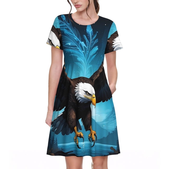 Disketp Night Sky Forest Bald Eagle para Vestido de Manga Corta para Mujeres, Vestidos de Verano para Mujeres, Casual y Holgado para la Playa