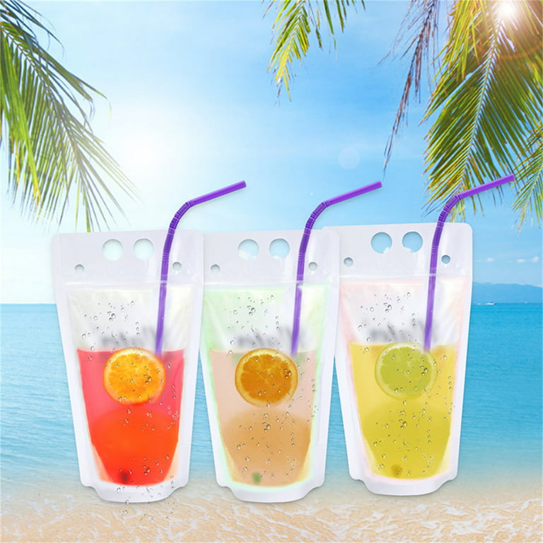 MUCH 50pcs Premium Plastic Drink Pouches with Straws,17oz Drink Bags  Container,Reusable Heavy Duty Handheld Translucent Drink Pouches 