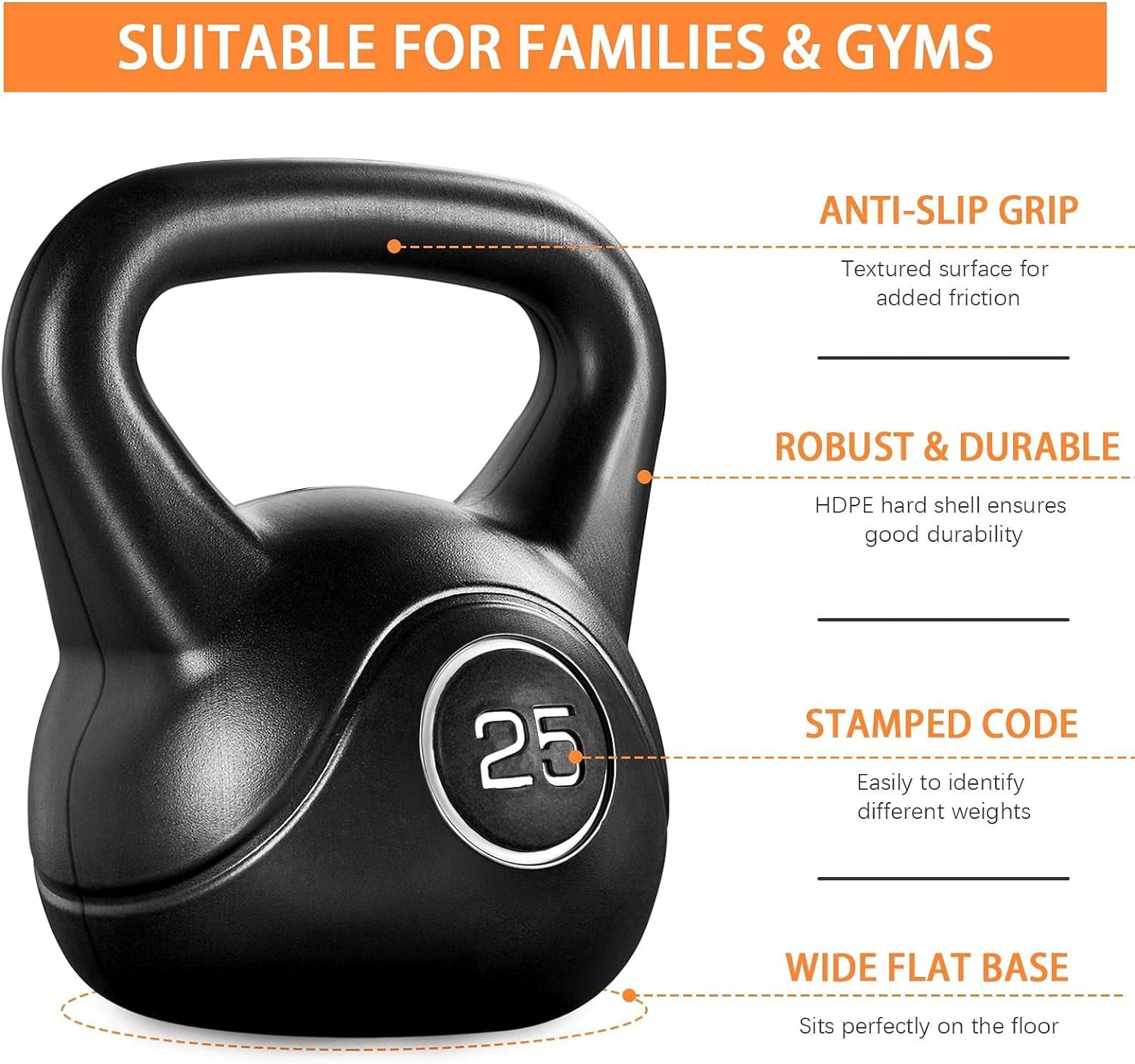 LEHOME 25lbs Kettlebell Weight w/HDPE Coated & Wide Flat Base, Kettle Bell Weights w/Ergonomic Handle for Home Gym Fitness Workout Bodybuilding Weight Lifting, Black