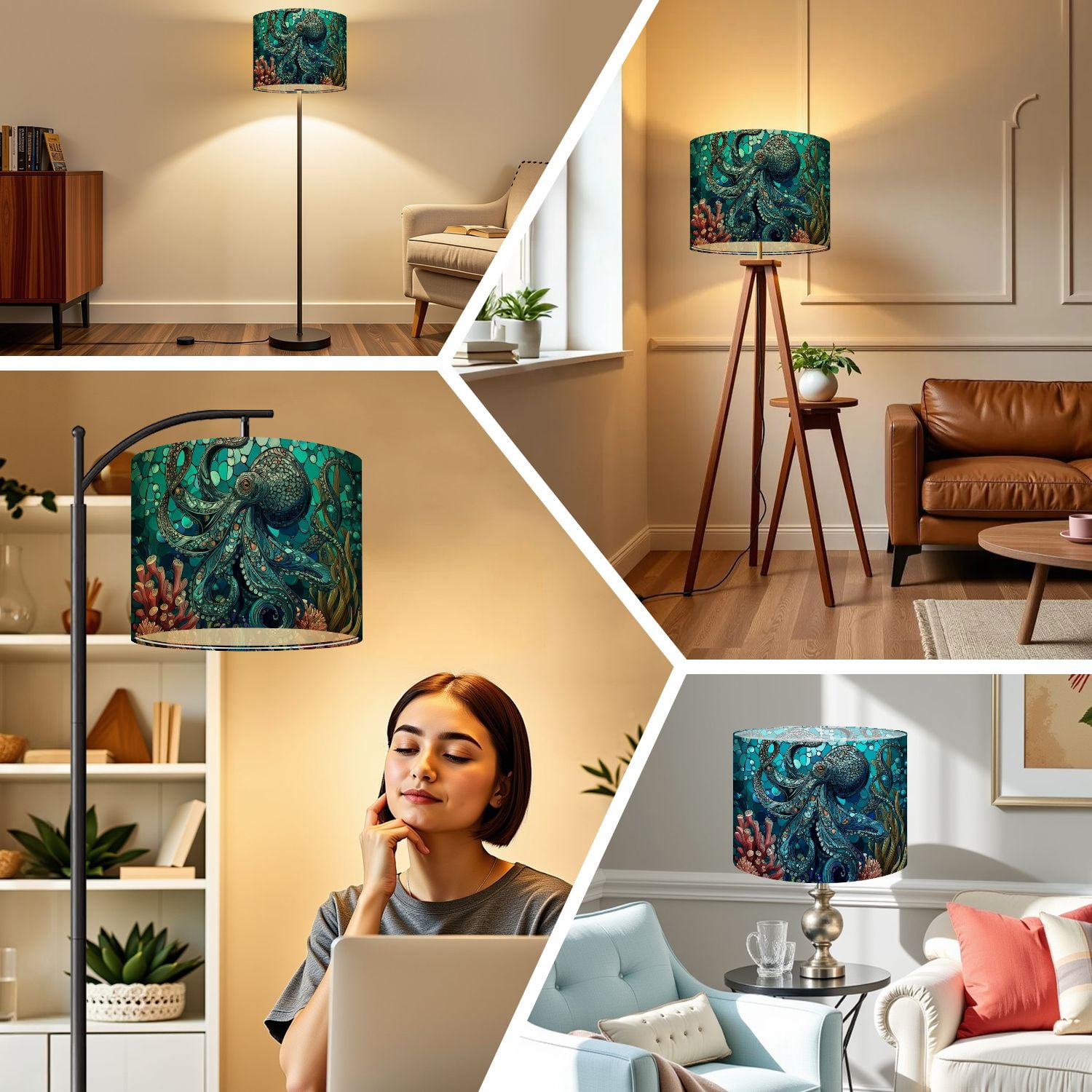 Linen Drum Lampshades Underwater Teal Octopus amidst Coral Reefs Art 13"x13"x10" Light Shade for Table Lamps Floor Lamps Drum Lamp Shades Lampshade Replacement Assembly Required