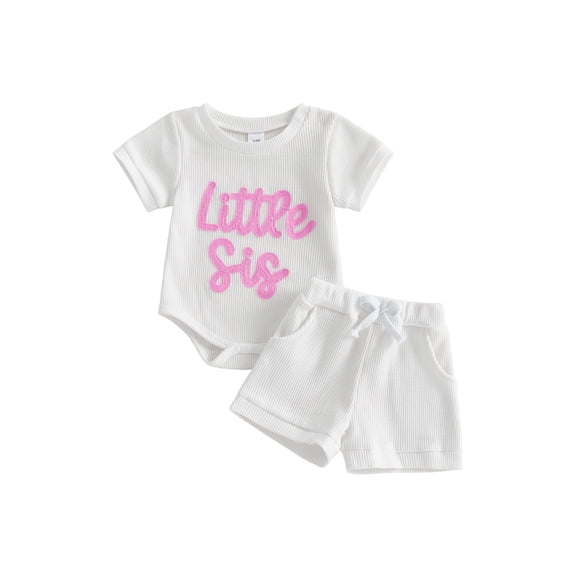 BemeyourBBs Newborn Baby Girls Little Sister Outfits Infant Girl Summer Clothes Waffle Knit Letter Embroidery Short Sleeve Romper and Elastic Waist Shorts Set