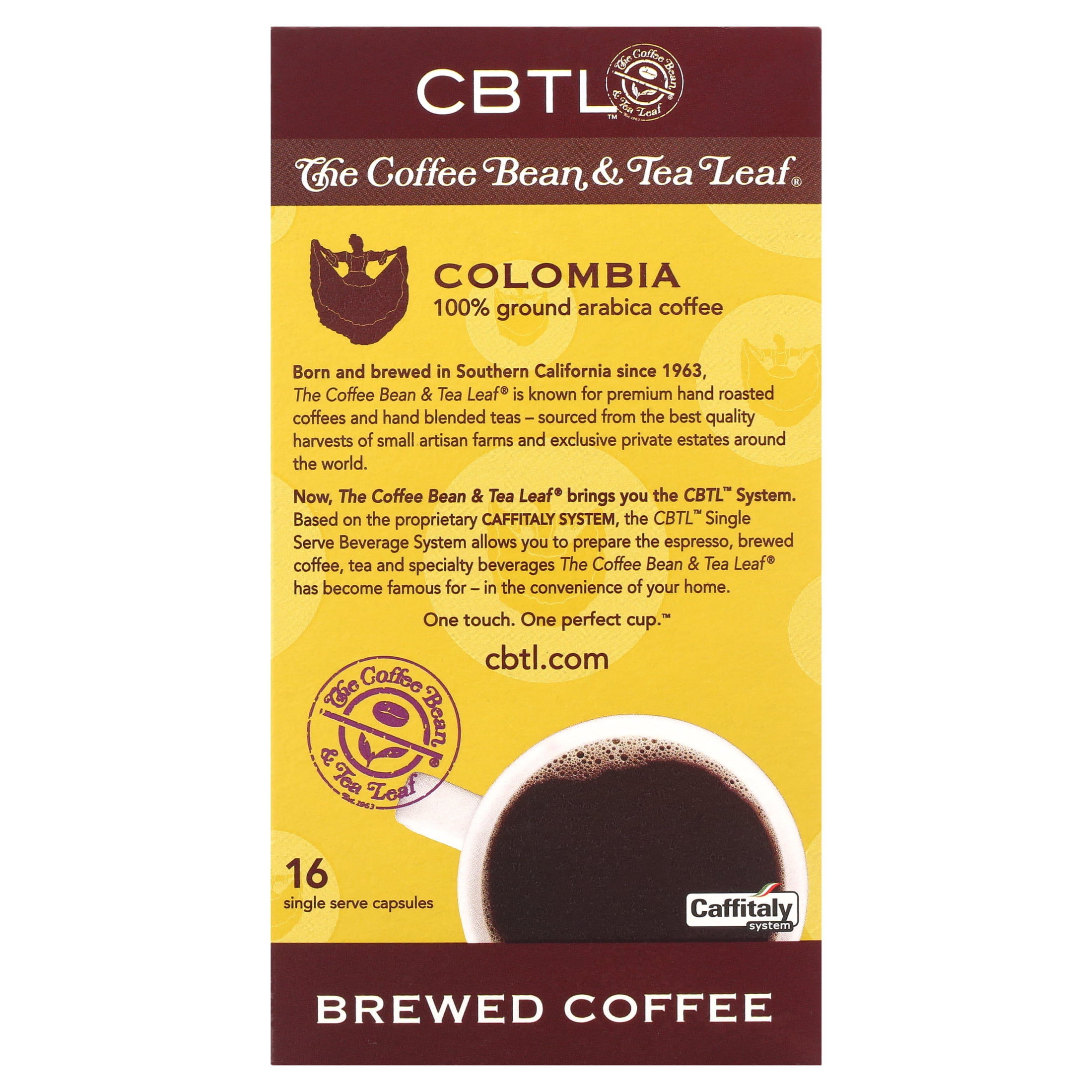 The Coffee Bean & Tea Leaf Colombia Brew Medium Roast Single Serve Coffee for CBTL Single Serve Systems, 1 Box of 16 Capsules