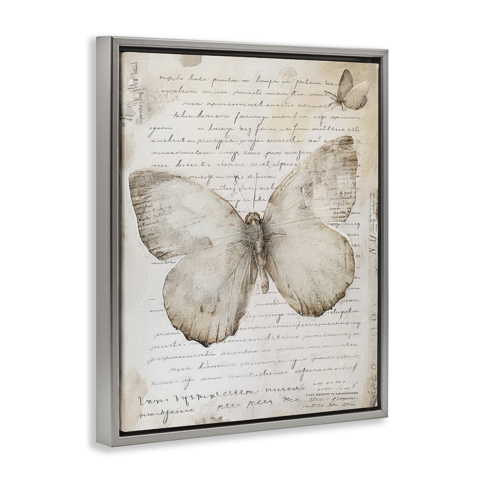 Stupell Industries Butterfly & Vintage Cursive Animals Painting Gray Floater Framed Canvas Art Print Wall Art, 25 x 31