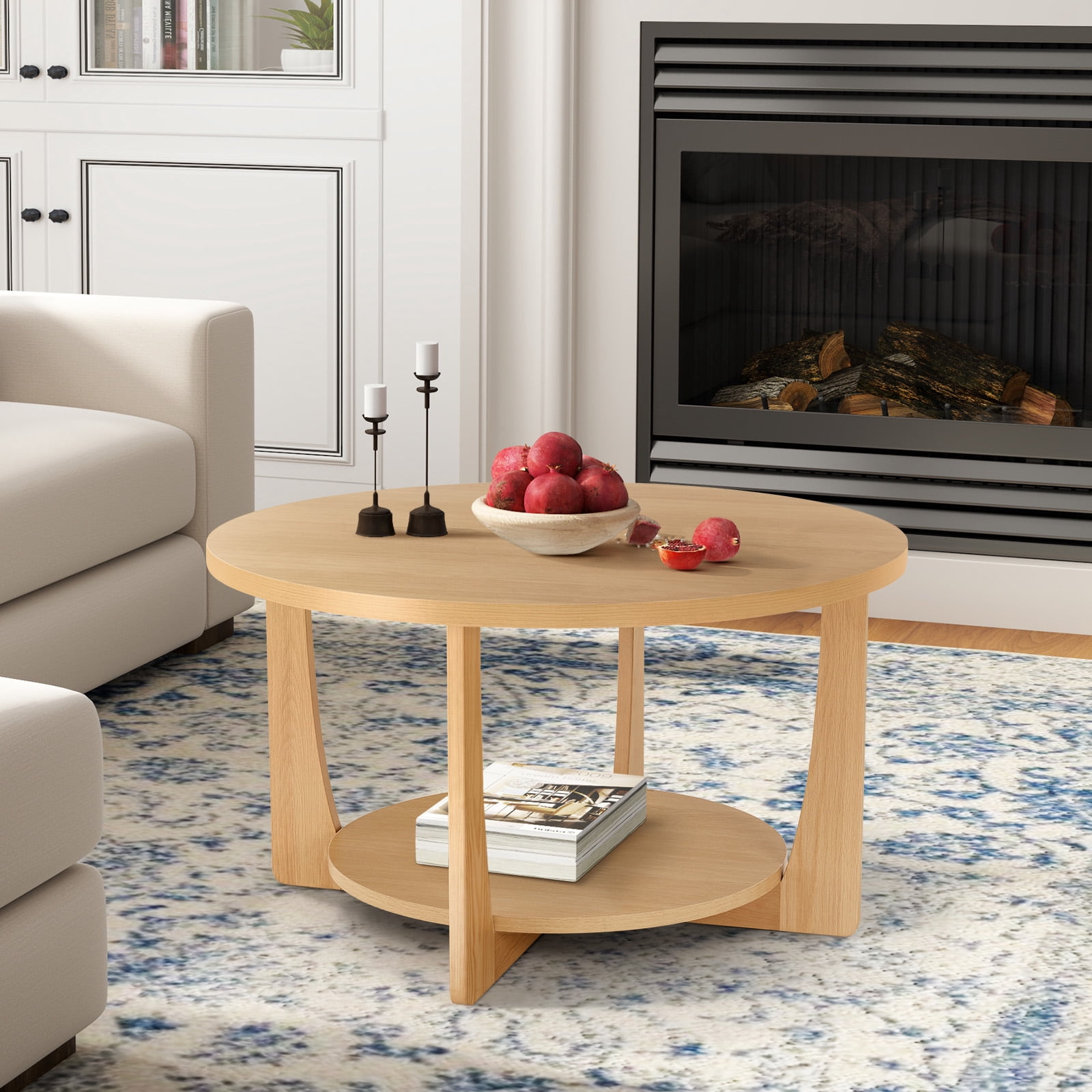 Foreate 31.5" Round Coffee Table with Solid Wood Pine Legs, 2-Tier Retro Round Coffee Table with Storage Shelf, Small Modern Wood Circle Center Table for Living Room, Natural