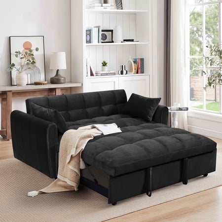 FFH 65" Pull Out Sofa Bed with Adjustable Backrest, Velvet Loveseat Sleeper Sofa for Living Room, Convertible Futon Sofa Bed, Black