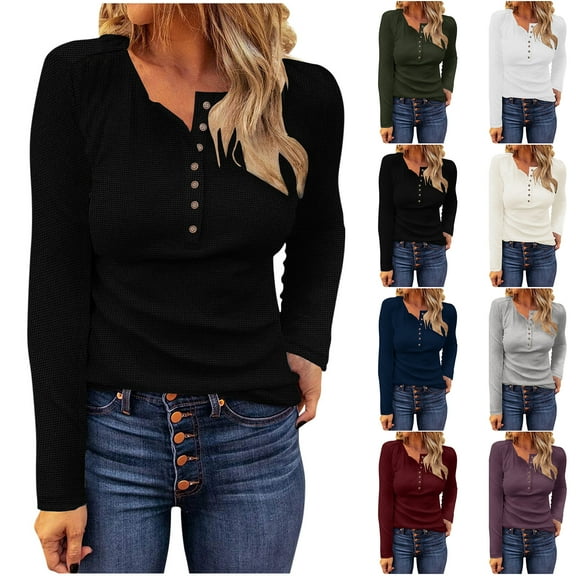 Otntypg Women's Waffle Knit Henley Tops Fall Lightweight Casual Long Sleeve Blouses Trendy Solid Color Slim Fit Button Down V Neck Pullover Shirt White M