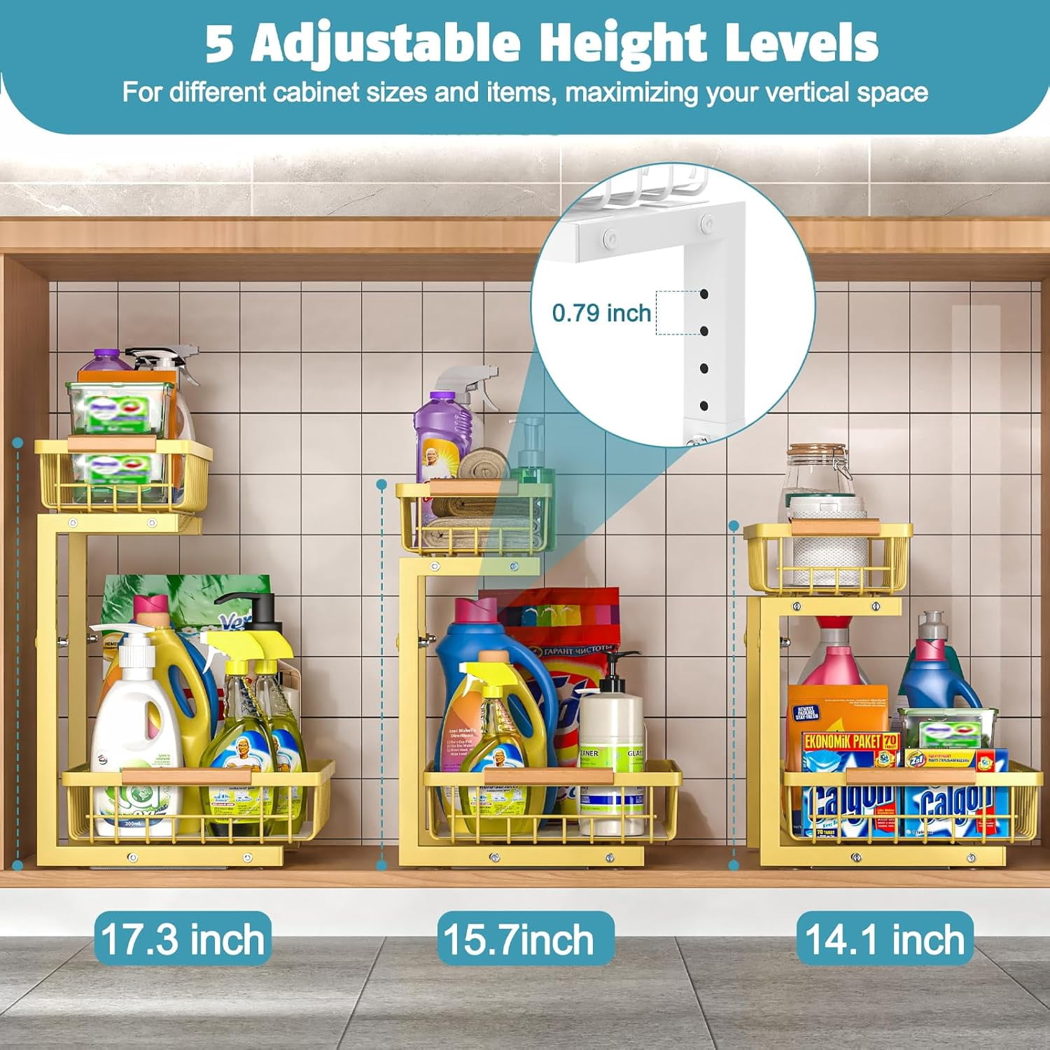 Under Sink Organizer 2 Pack, Height Adjustable Under Sink Organizers and Storage Shelf, 2 Tier Pull Out Cabinet Drawers for Kitchen Bathroom, Metal Under Sink Storage Rack, Gold