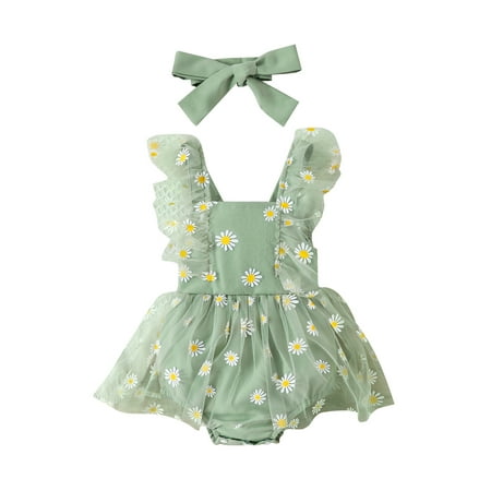 

Baby Girl 2Pcs Summer Outfits Newborn Ruffle Sleeve Daisy Print Romper Mesh Dress with Headband Set