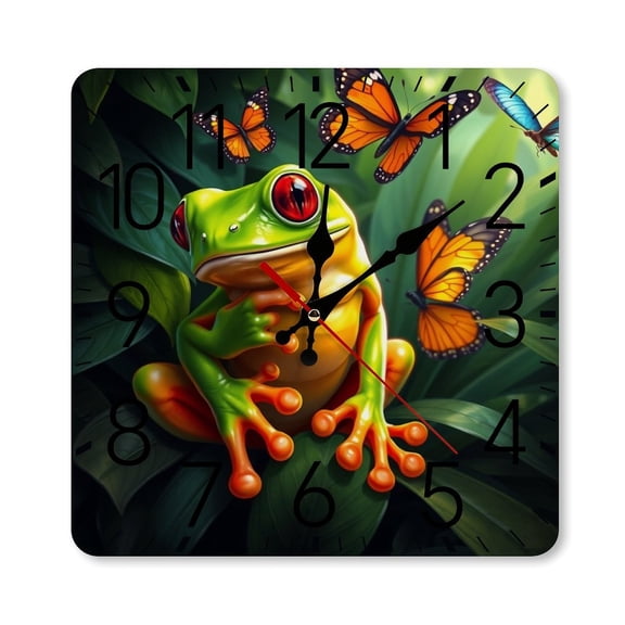 RKSupls 10×10inch Square Silent Wall Clock Wooden Frame, Frog Butterfly Jungle Scale Decorative Clock for Home Bedroom Living Room Office