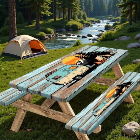 AUQ Picnic Table Cover with Bench Covers,30X72 Inch Waterproof Outdoor Camping Rv Essentials Fitted Picnic Rectangle Table Cloth,Teal Brown Wood Texture Fitted Picnic Tablecloth with Elastic
