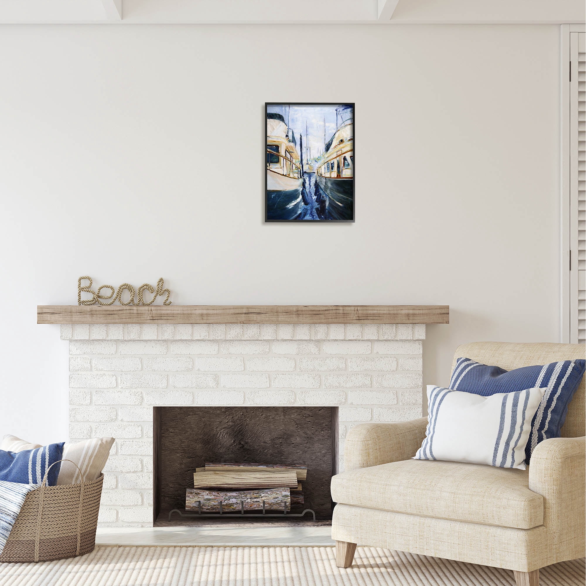 Stupell Industries Marine Harbor Docked Boats Coastal Painting Black Framed Art Print Wall Art